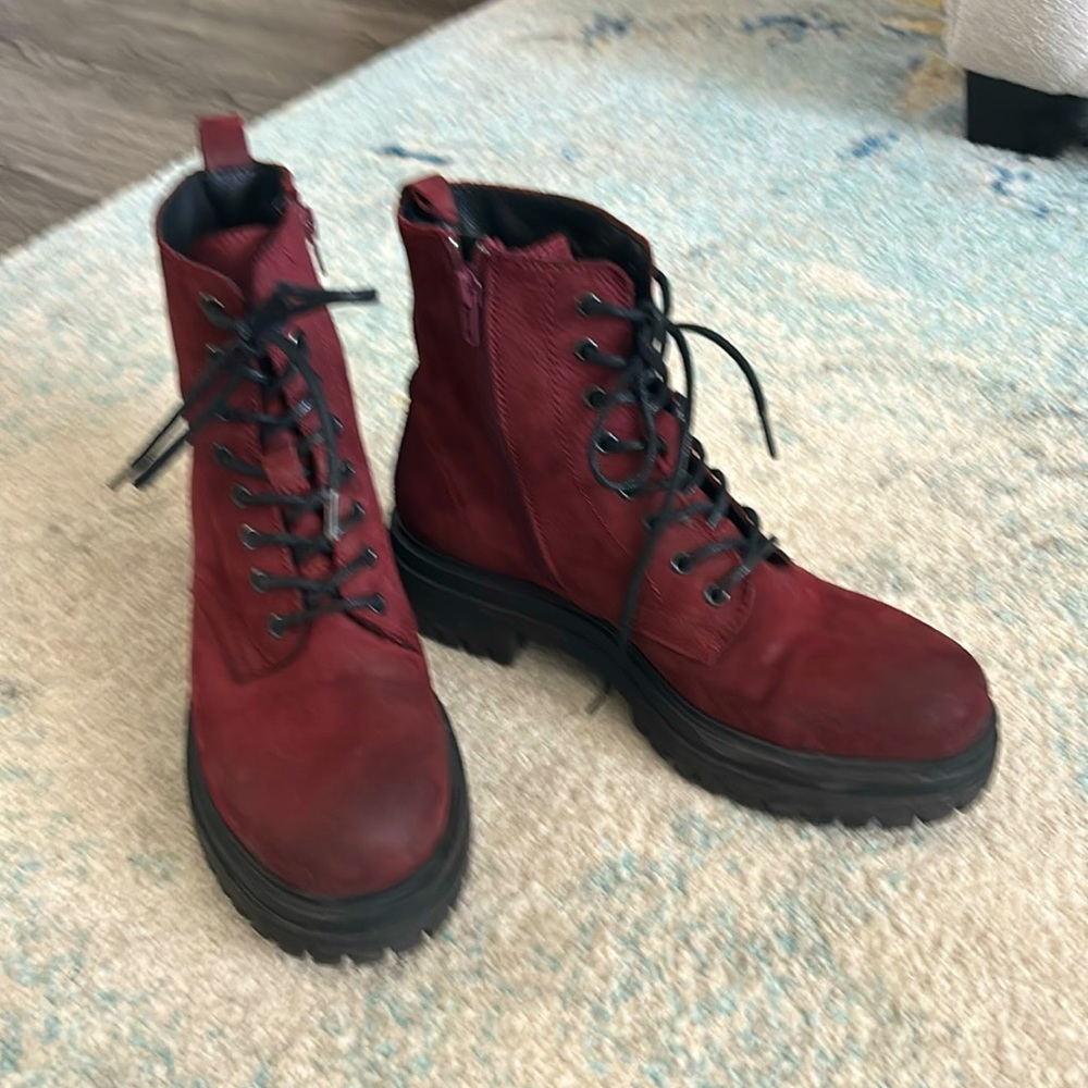 Burgundy Ankle High Combat Style Suede Boots